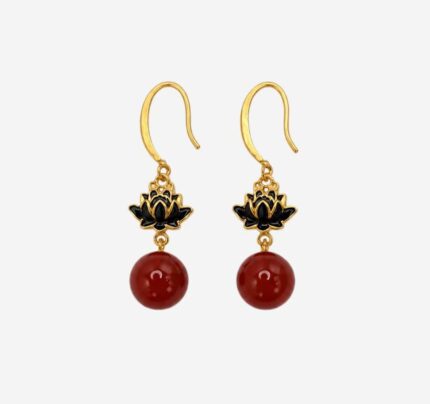 Midnight Lotus: Black Cold Enamel Floral Earrings - Vintage Gold-Plated Drops with Crimson Spheres