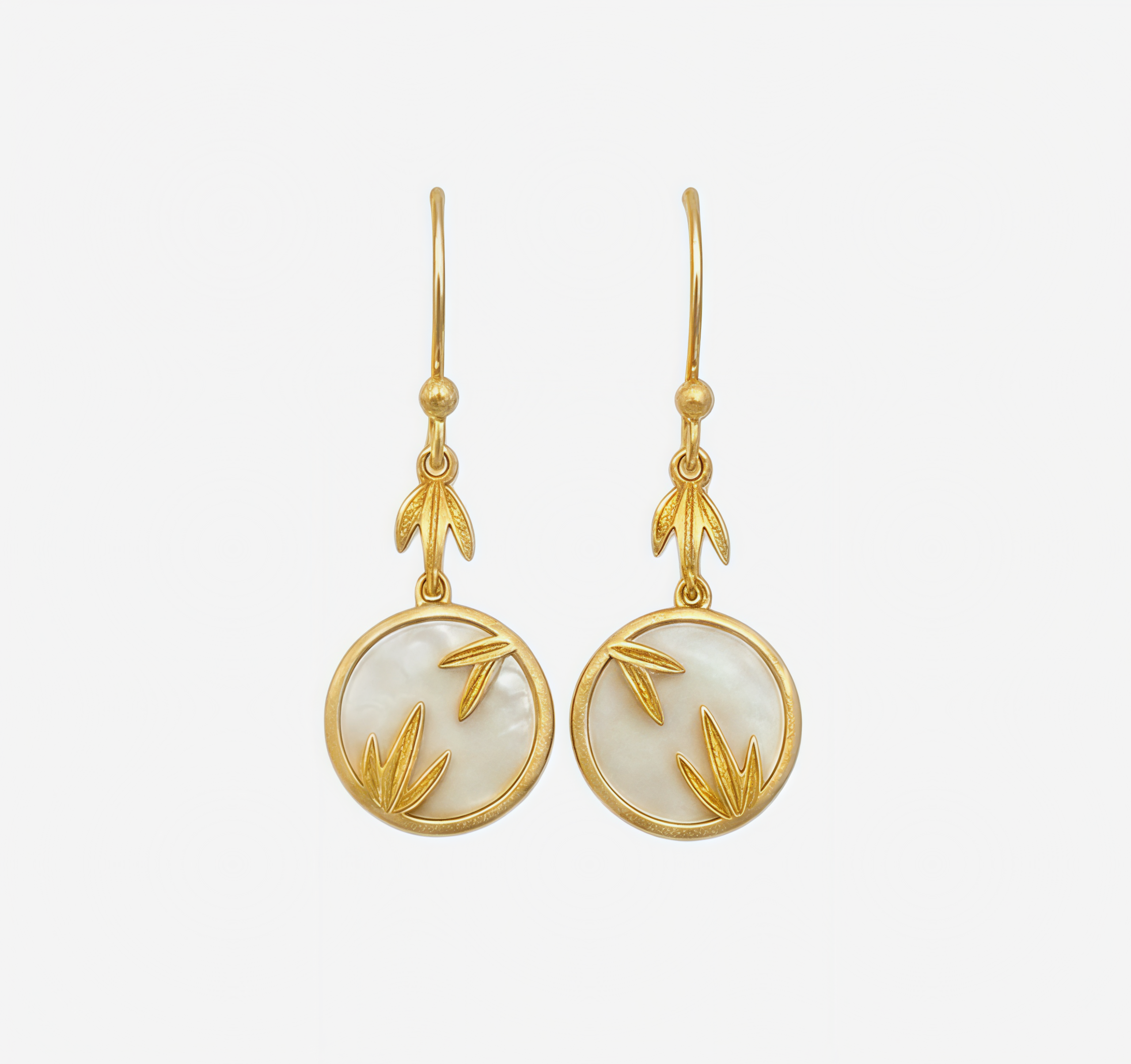 dcb9fb8b901dc56d41f7b99e2a18b9d4 Golden Bamboo Moon Earrings in matte gold with mother of pearl inlay and bamboo leaf design