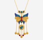 Azure Butterfly Fortune: Cold Enamel Filigree Necklace - Ornate Gilded Butterfly with Coin Tassels