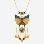 Azure Butterfly Fortune: Cold Enamel Filigree Necklace - Ornate Gilded Butterfly with Coin Tassels