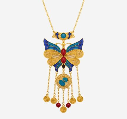 Azure Butterfly Fortune: Cold Enamel Filigree Necklace - Ornate Gilded Butterfly with Coin Tassels