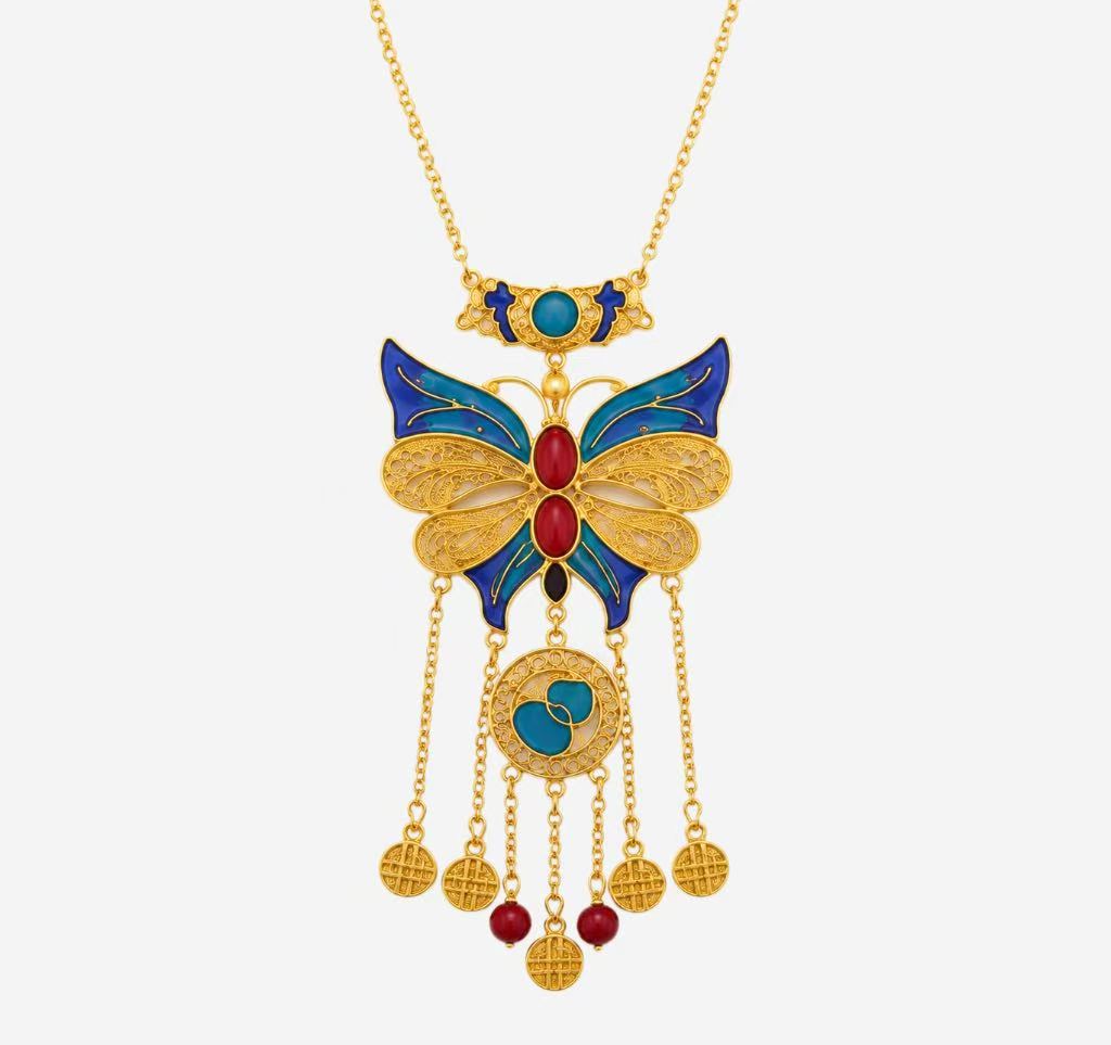 Azure Butterfly Fortune: Cold Enamel Filigree Necklace - Ornate Gilded Butterfly with Coin Tassels Azure Butterfly Fortune: Cold Enamel Filigree Necklace - Ornate Gilded Butterfly with Coin Tassels