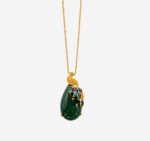 Azure Phoenix Cold Enamel Necklace with dark green teardrop stone and gold phoenix motif