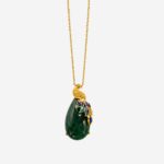 Azure Phoenix Cold Enamel Necklace with dark green teardrop stone and gold phoenix motif