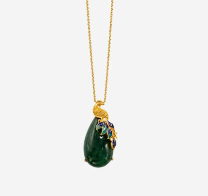 Azure Phoenix Cold Enamel Necklace with dark green teardrop stone and gold phoenix motif
