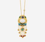 Prosperity Moonlight Cold Enamel Necklace with white jade center and ornate golden tassel pendants