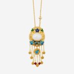 Prosperity Moonlight Cold Enamel Necklace with white jade center and ornate golden tassel pendants
