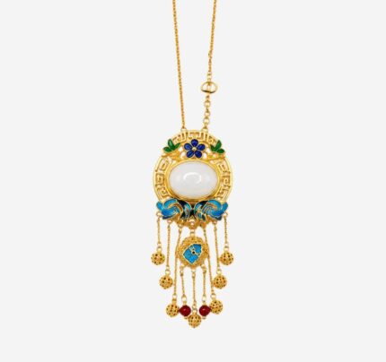 Prosperity Moonlight Cold Enamel Necklace with white jade center and ornate golden tassel pendants