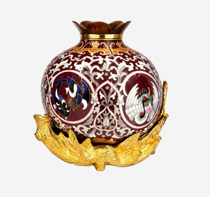 Traditional Red Cloisonne Enamel Pomegranate Jar with Gold Sculpted Base