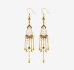 Prosperous Gourd Cold Enamel Earrings with white jade Hulu center and cascading gold chain tassels