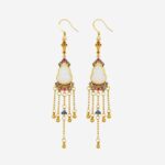 Prosperous Gourd Cold Enamel Earrings with white jade Hulu center and cascading gold chain tassels