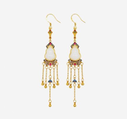 Prosperous Gourd Cold Enamel Earrings with white jade Hulu center and cascading gold chain tassels
