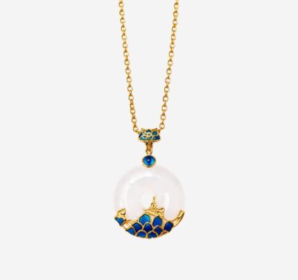 Azure Horizon Ping'an Kou Necklace with blue cold enamel wave motif and faux white jade medallion