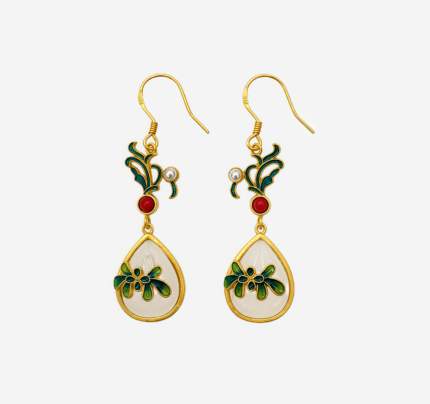 China Artisan Market Evergreen Jade Bloom: Cold Enamel Floral Earrings - Gold-Plated Botanical Teardrops with Faux White Jade