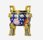 Auspicious Elephant Lotus Ding Censer in heritage-inspired blue Cloisonné Enamel with gold elephant legs