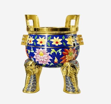 Auspicious Elephant Lotus Ding Censer in heritage-inspired blue Cloisonné Enamel with gold elephant legs