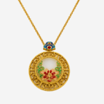 Azure Bloom Medallion Cold Enamel Necklace with round white jade center, crimson flowers, and gold filigree border