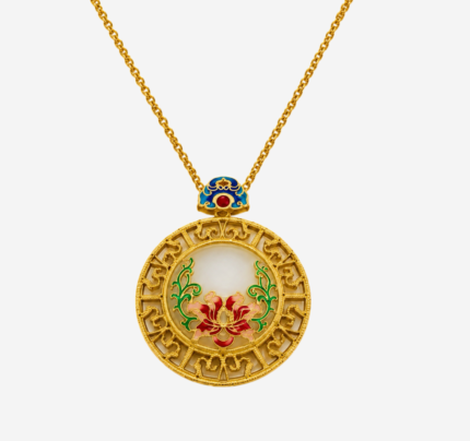 Azure Bloom Medallion Cold Enamel Necklace with round white jade center, crimson flowers, and gold filigree border