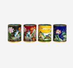 Four Fu Tong Cloisonné Enamel Art Cylinders featuring peony, landscape, and lotus motifs