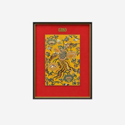 Framed Chinese silk brocade phoenix wall art with red mat