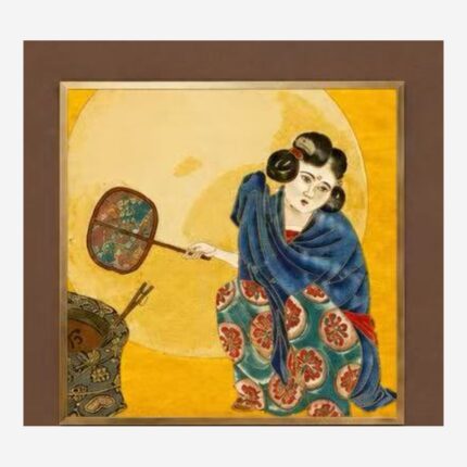 Close-up detail of Chinese silk brocade court lady and fan artwork