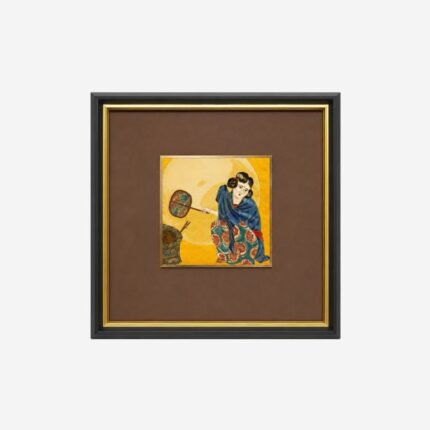 Framed Chinese silk brocade court lady wall art with fan motif