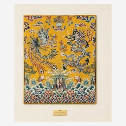 Detail of dragon and phoenix Chinese silk brocade artwork on gold ground