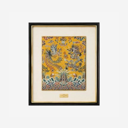 Dragon and phoenix Chinese silk brocade framed wall art on gold ground