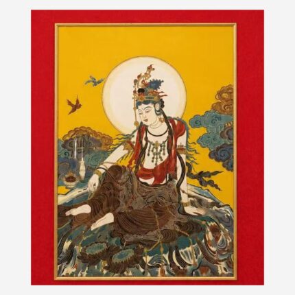 Close-up detail of Dunhuang Guanyin Chinese silk brocade artwork