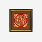 Framed Chinese silk brocade gourd wall art with red auspicious pattern