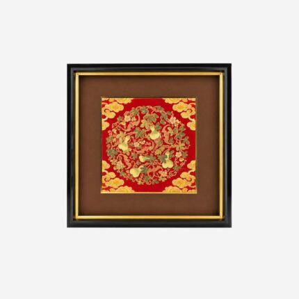 Framed Chinese silk brocade gourd wall art with red auspicious pattern
