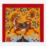 Close-up detail of Yunjin brocade horse artwork and cloud pattern