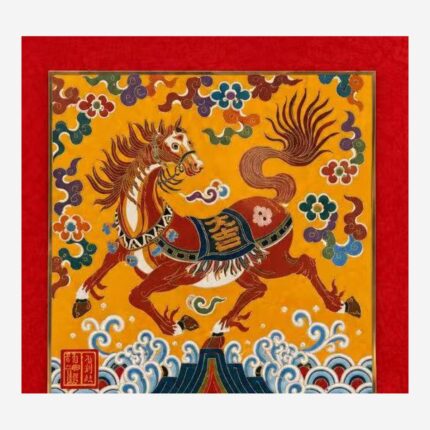Close-up detail of Yunjin brocade horse artwork and cloud pattern
