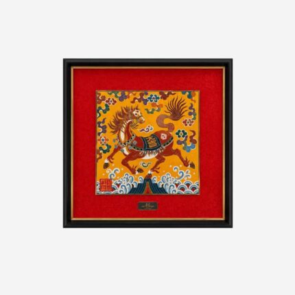 Framed Yunjin brocade horse artwork with red mat and black frame