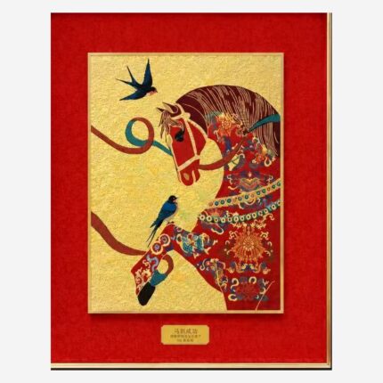 Detail of horse and magpies Chinese silk brocade artwork
