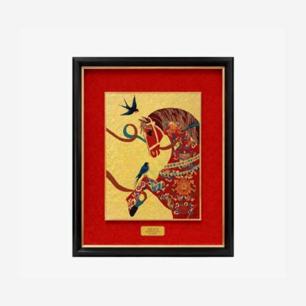 Horse with magpies Chinese silk brocade framed wall art