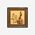 Framed Chinese silk brocade flower and rock wall art