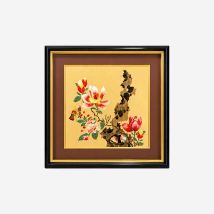 Framed Chinese silk brocade flower and rock wall art