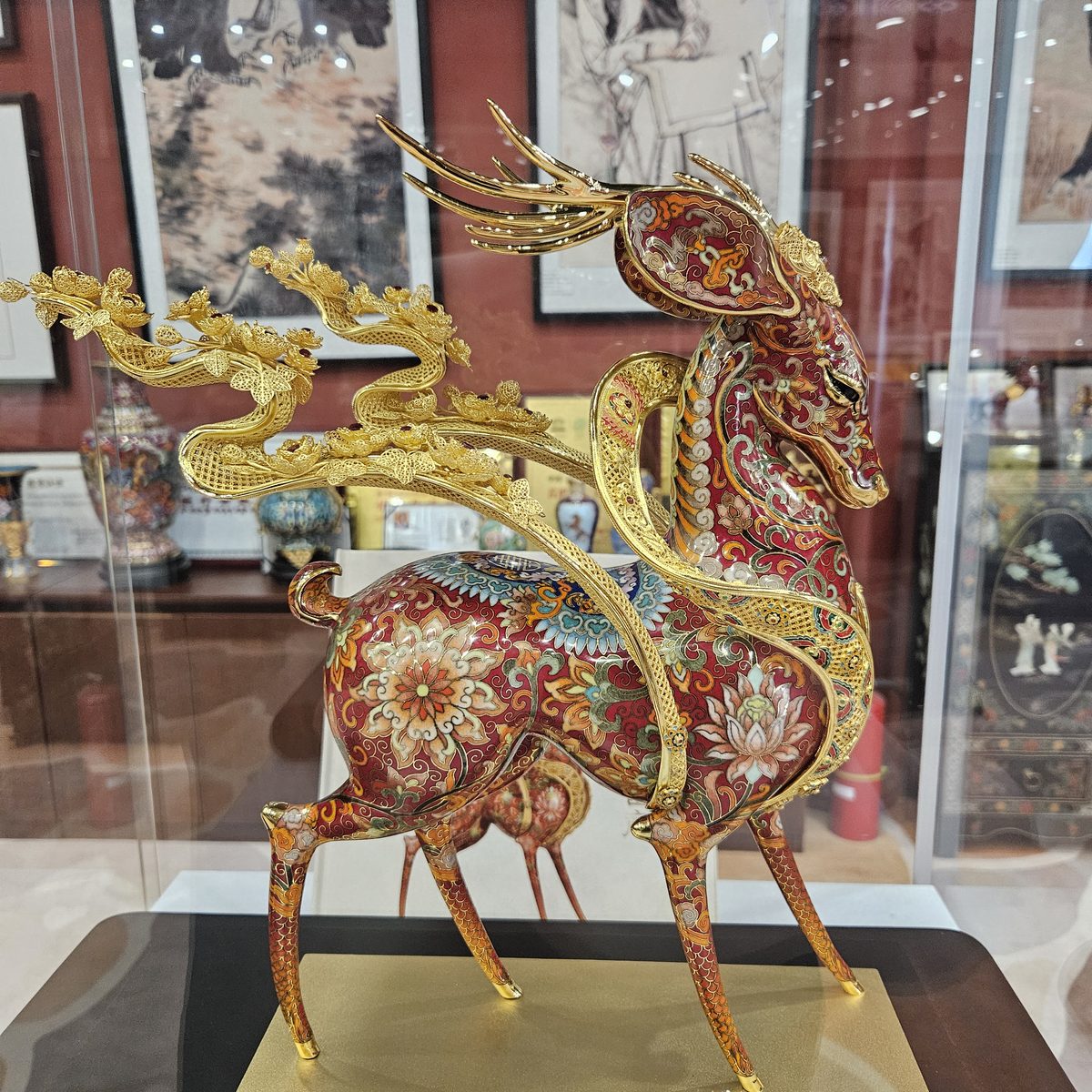 Chinese cloisonne enamel deer sculpture with floral details